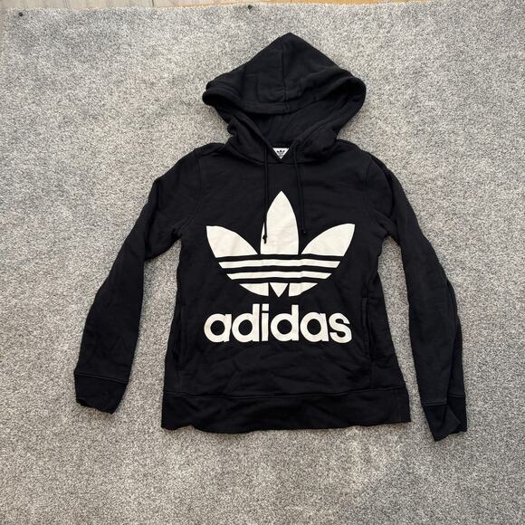 Adidas Hoodie Womens XS Black Trefoil Pullover Sweatshirt Spell Out Logo CE2408 - Picture 1 of 14